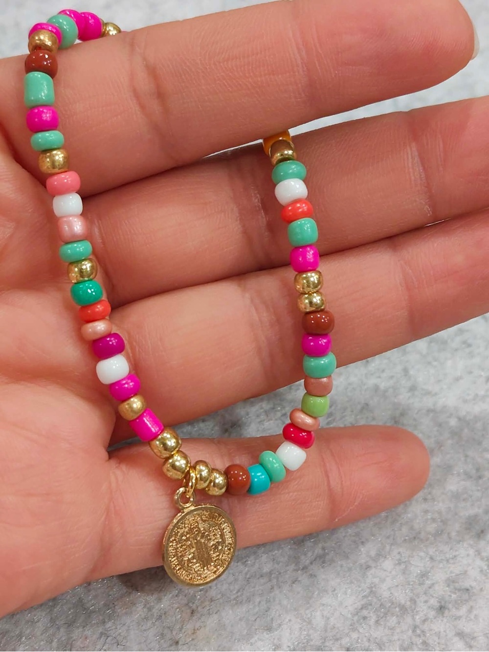 Colorful Beaded Beacelet with St Benedict Gold Charm Bracelet